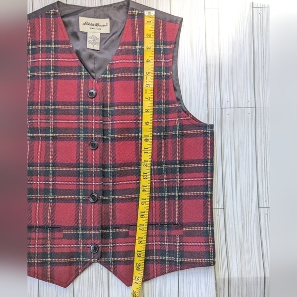 Vintage Eddie Bauer Tartan Tie Back Wool Vest in Red and Green Plaid Size Small - Picture 7 of 10